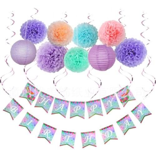 16Pcs Mermiad Birthday Party Decoration Happy Birthday Banner Decoration Birthday Flower Ball Lantern Spiral Ornament Set