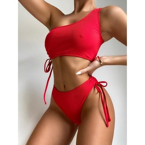 2021 Sexy Women Swimsuit Solid Swimwear Female Bikinis Thong Brazilian One Shoulder Bikini set Biquini Bathing Suit Women