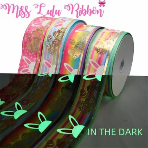 3"75mm Happy Easter Day Rabbit Pink White Ink Print Glow in the Dark Egg Hologram Gold Foil Printed Grosgrain Ribbon 50yards