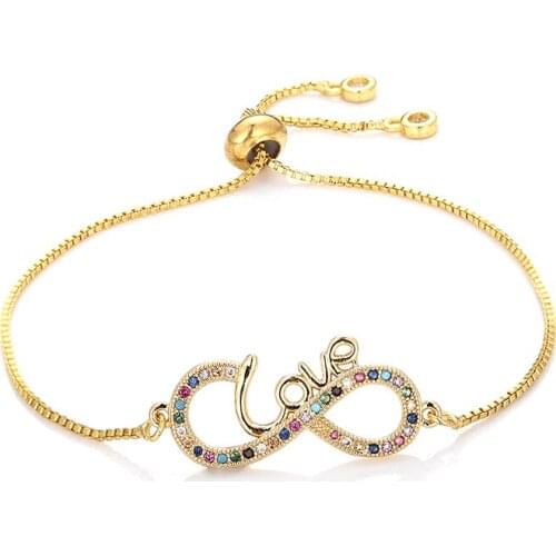 Fashion womens rainbow 8 love bracelets jewelry gold cz colorful zircon bracelet bangle adjustable chain bracelet for women
