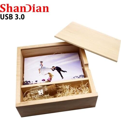 SHANDIAN 180*180*60mm (Free logo or words names engraving)Wooden Photo Album Box USB3.0 Pendrive DIY Engraved Logo Wedding Memor