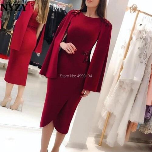 Elegant Cape Sleeves Burgundy Evening Dress Short 2020 NYZY E289 Wedding Party Dress robe cocktail femme