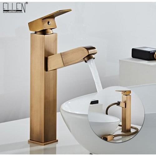 ELLEN Pull Out Bathroom Sink Faucet Antique Bronze Hot Cold Water Mixer Square Sink Faucets Deck Mounted ELM5033A