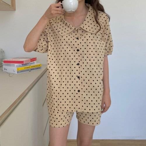 Summer Soft Korean Pajama Ladies Sweet Polka Dot Homewear Cute Girls Fresh Short Sleeve Blouses+shorts Sleepwear Cardigan Thin