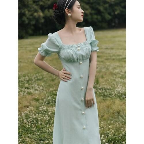 Summer Mint Color Women Romantic Dress Vintage Princess Sleeve Square Collar Korean Fahion Elegant Long Dresses Vestido Festa