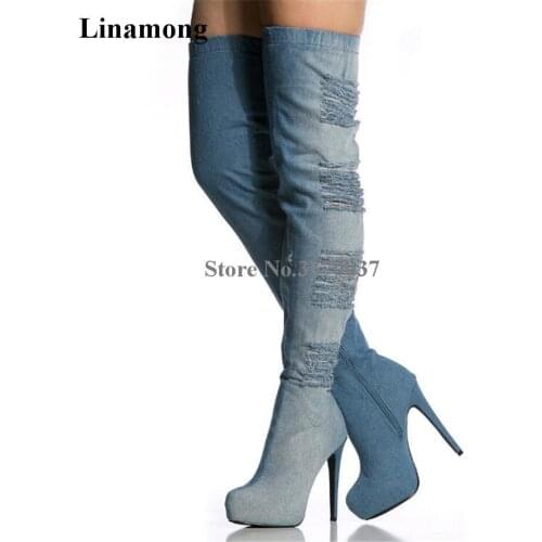 Hot Selling Women Sexy Round Toe High Platform Blue Denim Over Knee Boots Fringes Slim Thigh High Long High Heel Boots