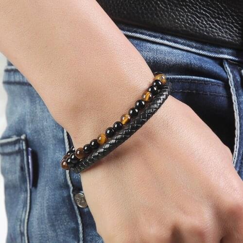 Cowhide Magnetic Buckle Bracelet Mixed Color Tiger Eye Stone Hand String Handmade Mens Bracelets