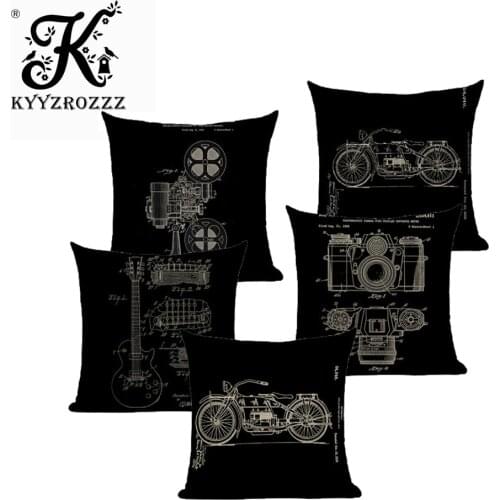 Home Retro Black Linen Blend Cushion Covers Sofa camera guitar Square Pillowcases bicycle Car Decorative Throw Pillow Case