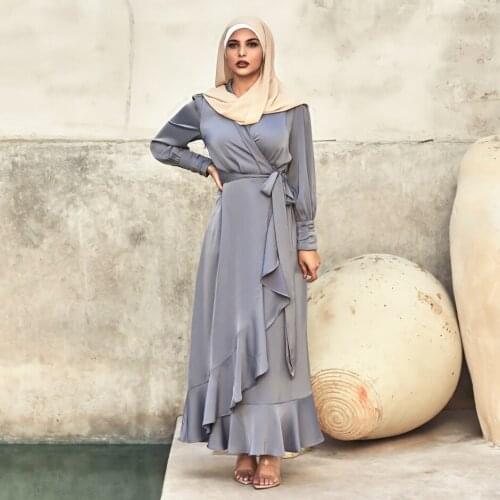 Solid Irregular Ruffled Lace-up Muslim Long Dress Black Satin Full Sleeve Fashion Dubai Morocco Turkey Arabic Oman Clothes New