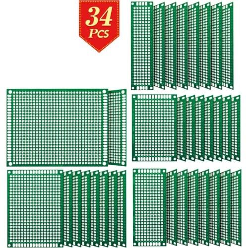 34Pcs Double Sided PCB Board Tinned Through Holes 2X8/3X7/4X6/5X7/7x9 cm Prototype Kit FR4 Printed Universal Circuit Perfboard