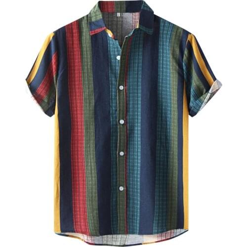 Mens Shirts Summer Fashion Check Stripes Stitching Shirts Casual Colorful Print Short Sleeve Shirt Basic Daily Wear Shirts