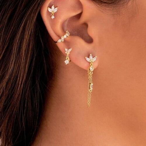 New Women Fashion Gold and Silver Color Earrings with Long Tassel paved Tiny Leaf CZ Delicate Piercing Earring Jewelry Wholesale