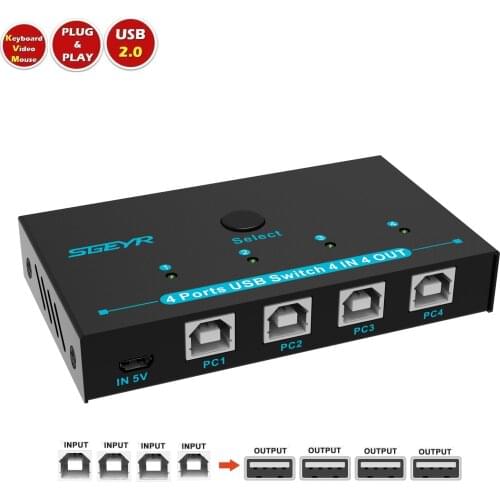 SGEYR 4 Port USB 2.0 Switcher Switch 4 Computers Sharing 4 USB Devices USB Peripheral Switches for Printer, Mouse, Scanner, PCs