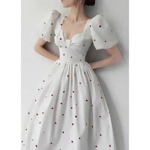 Summer Vintage Women Square Collar Midi Party Dress 2021 Elegant Lady Puff Sleeve High Waist Slim Ball Gown Dress Vestidos