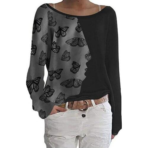 70% Dropshipping!!Lady T-shirt Patchwork Butterfly Print Asymmetrical Long Sleeve Women Blouse for Daily Wear