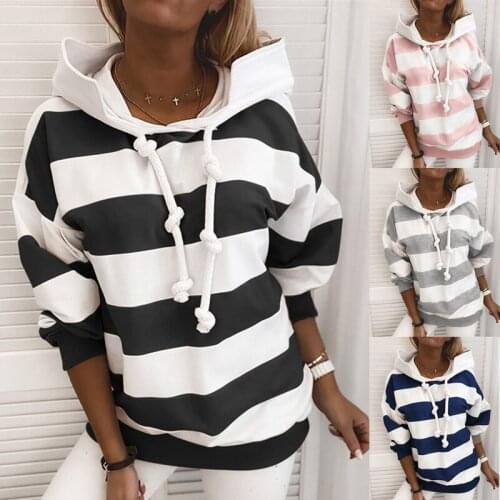 Casual Stripe Loose Womens Hoodie Fashion Dropped Shoulder Sleeve Hooded Sweatshirt Autumn Winter Loose Coat