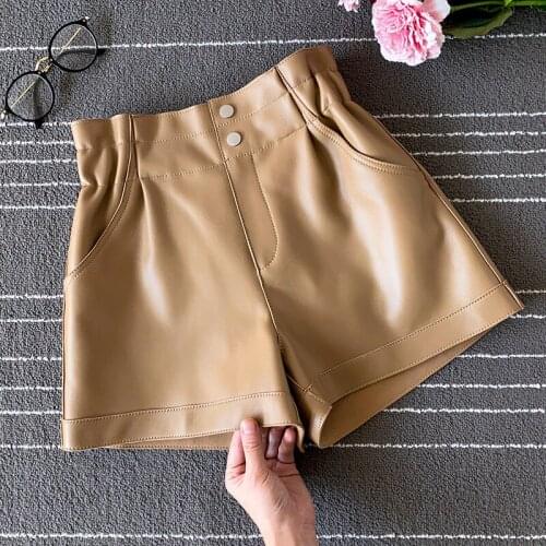 2020FW Autumn Spring New Women High Waist Genuine Leather Slim Sheepskin Shorts Pants 4 Color