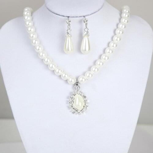 Fashion Women Water Drop Shape Pendant Faux Pearl Beaded Necklace Earrings Bridal Jewelry Set