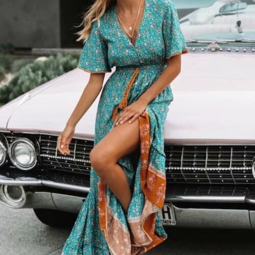 Happie Queens women floral print V-neck lace collar rayon beach Bohemian Ladies Tassel Summer Boho maxi dress
