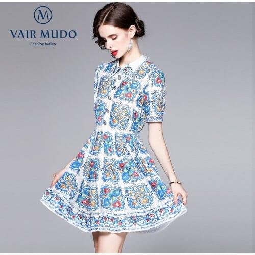 Women Dress Retro White Lapel Contrast Print Diamond Single-Breasted Short-Sleeved Dress Women Elegant Fashion Square CollaY-175