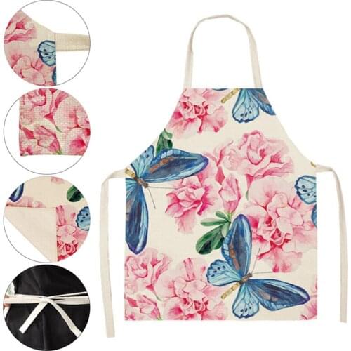 1Pcs Butterfly Printed Cotton Linen Aprons for Women Home Kitchen Cooking Baking Waist Bib Barista BBQ Cleaning Tools