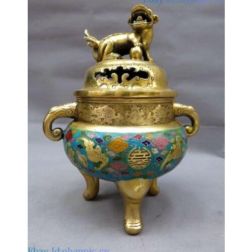 10" China bronze gild Cloisonne censer bat Foo Dogs Lion incense burner Statue