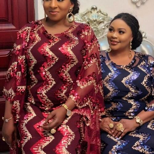 African Dresses For Women 2020 African Dress Womens Lace Sequins Round Neck Sleeves Daily Dress Evening Dress Party Dress