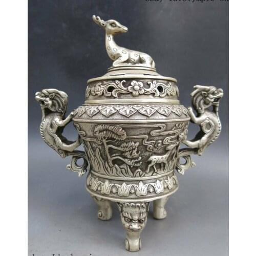 9" China silver longevity deer pine tree dragon censer incense burner Statue