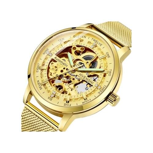 HVENSHI Fashion Mechanical Watch Men Skeleton Design Brand Luxury Golden Mesh Strap Waterproof Male Automatic Clock Reloj Hombre