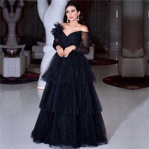 Black Tiered Off Shoulder Sexy Prom Dresses 2020 Latest Design Long Sleeves A-Line Prom Gowns Serene Hill BLA70065