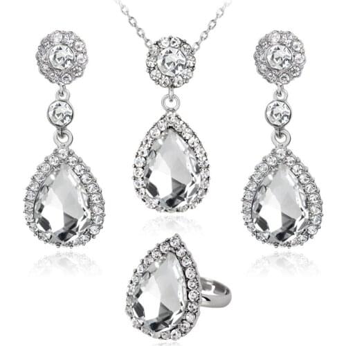 Delicate Crystal Pendant Necklace Inlaid Shiny Rhinestone Earring Water Drop Shape Rings Women Wedding Party Fashion Jewelry Set