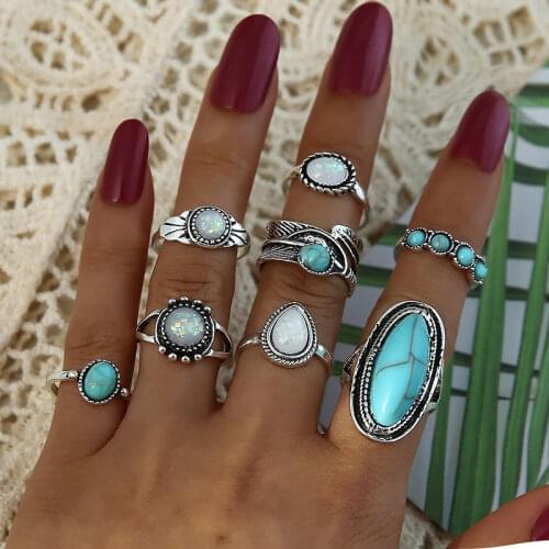 Blue Opal Stone Crown Flower Elephant Crescent Ring Set for Women Metal Knuckle Rings Jewelry Accessories