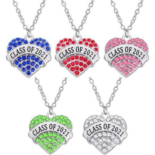 HOT Student Graduation Gift Jewelry Colorful Rhinestone Crystal Inlay CLASS OF 2021 Heart Pendant Necklace