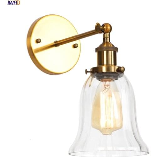 IWHD Gold Metal Vintage Wall Lamp Bedside Bedroom Mirror Stair Loft Decor Retro Industrial Wall Light Sconce Applique Murale LED