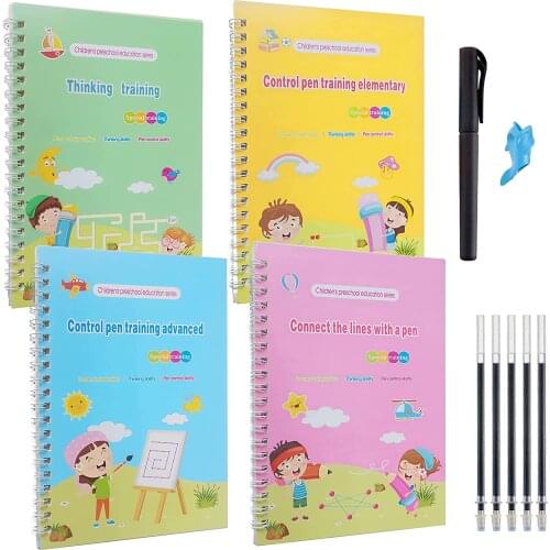 New Magic Writing 4 Books + Pen Reusable 3D Magic Exercise Book Children Reusable English Numbers Letters Montessori Toys