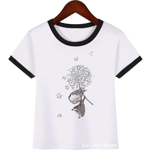 Summer tops for girls cute princess with dandelion cartoon print kids clothes white short sleeve t shirt girls kawaii clothes