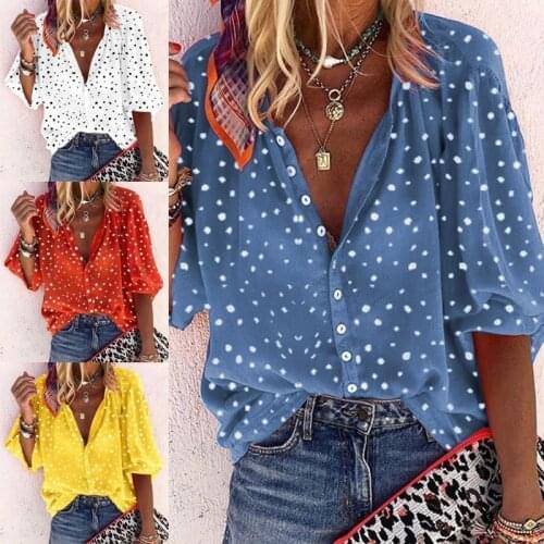 Fashion Polka Dot Print Shirts Women V Neck Long Sleeve Button Blouse Tops Casual Loose Plus Size Blouse Female Blusas Tops