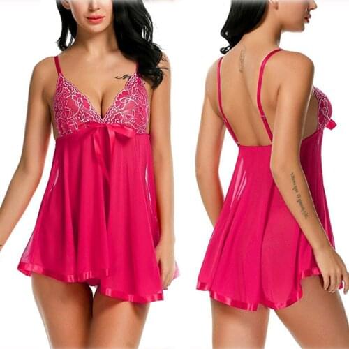 Top Fashion Sexy Lace Womens Nightdress Bowknot Suspender Nightdress Sexy Ladies See-Through Mesh Sexy Lingerie