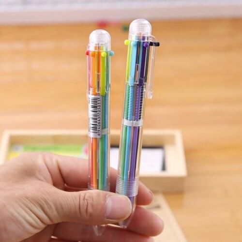 Wholesale creative multi color ball point pen transparent plastic 6 color ball point pen automatic pen cute learning supplies