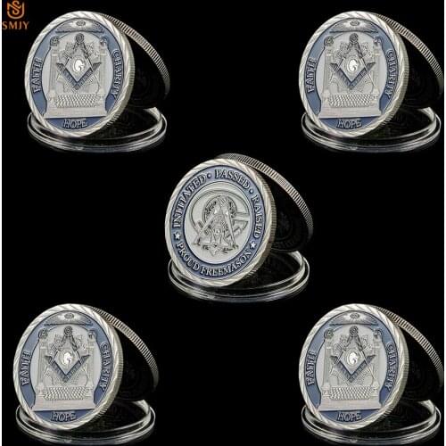 5PCS Euro Proud Masonic Commemorative Coin Faith Hope Charity Silver Plated Metal Challenge Coins Home Decor Collectible Badge