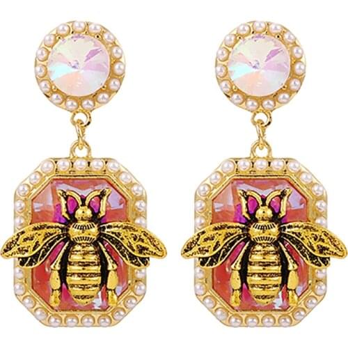 ZHINI Luxury Colorful Big Crystal Drop Earrings for Women Boho Retro Bee DIY Big Earring 2021 Pearl brincos Rhinestone Jewelry