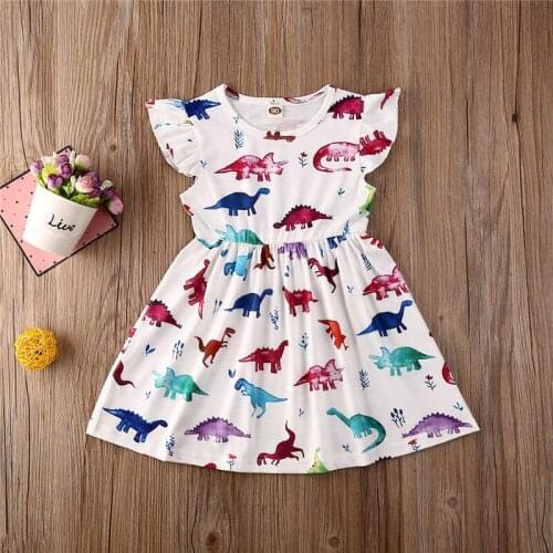 2020 Girls Dress Toddler Baby Kids Dinosaur Print Ruffles Sleeveless Summer Party Child Cartoon Dress Sundress 0-6T