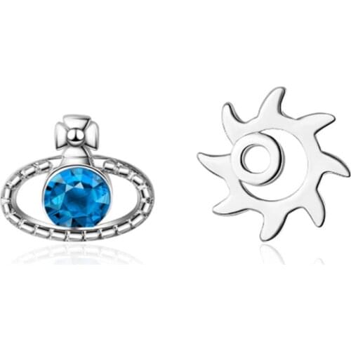 Asymmetric design sense simple personality trend hollow sun blue planet shape silver plated stud earrings WE037
