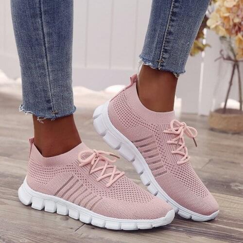 Light Sneakers For Women Breathable Mesh Socks Running Shoes Female Trainers Slip On Sport Shoes Lace Up Casual Flats Plus Size