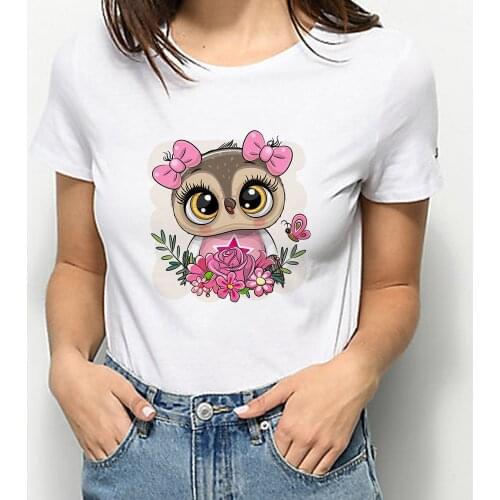 Korean Style Women Tee Shirt Sweet Pink Owl Aesthetic Clothes Girl Next Door Fashion Style Summer O-Neck Oversized Casual Y2k