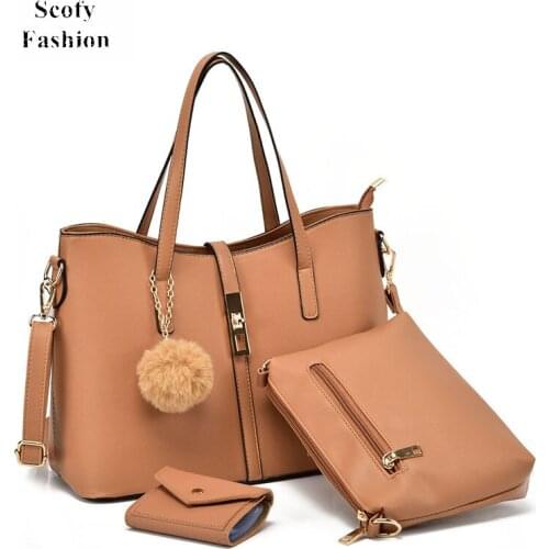 SCOFY FASHION Luxury Crossbody Bags for Women 2020 PU Leather Designer Tote Bags with Fur Ball 3 Peices Set Handbags and Purses