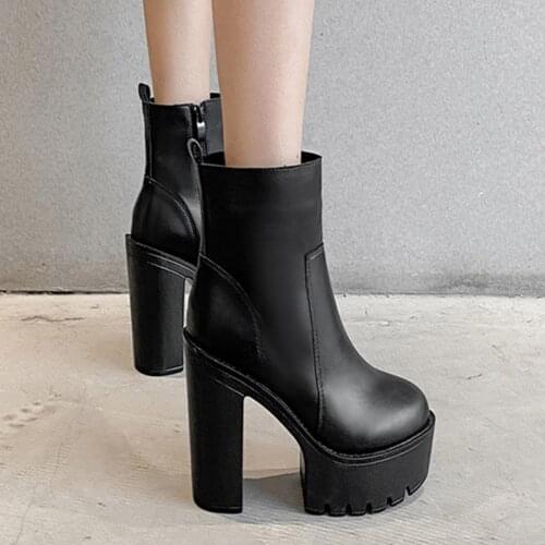 Women Boots Leather Square High Heel Ankle Boots Round Toe Winter Shoes Woman Warm Comfort Fashion Platform demonia boots LJB274