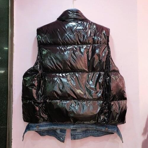 Women Sleeveless Down Jacket Winter Fashion Denim Patchwork Fake 2 Piece Loose Waistcoat Street Style Warm Black Down Vest