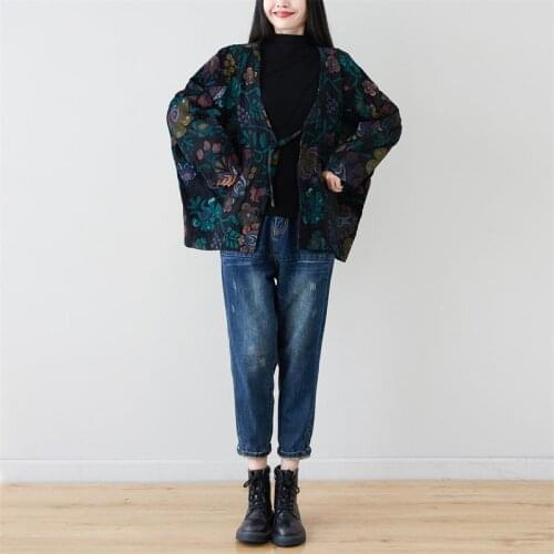 Bat sleeve Loose cardigan Women 2021 Autumn New Vintage Print Floral V neck Cotton Short Coat Casual Tops Chinese Style Coats