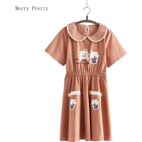 Harakuju Cartoon Bear Print Casual Straight Dresses Women 2021 Summer Short Sleeve Sweet Style Ladies Cotton Knee Length Dress